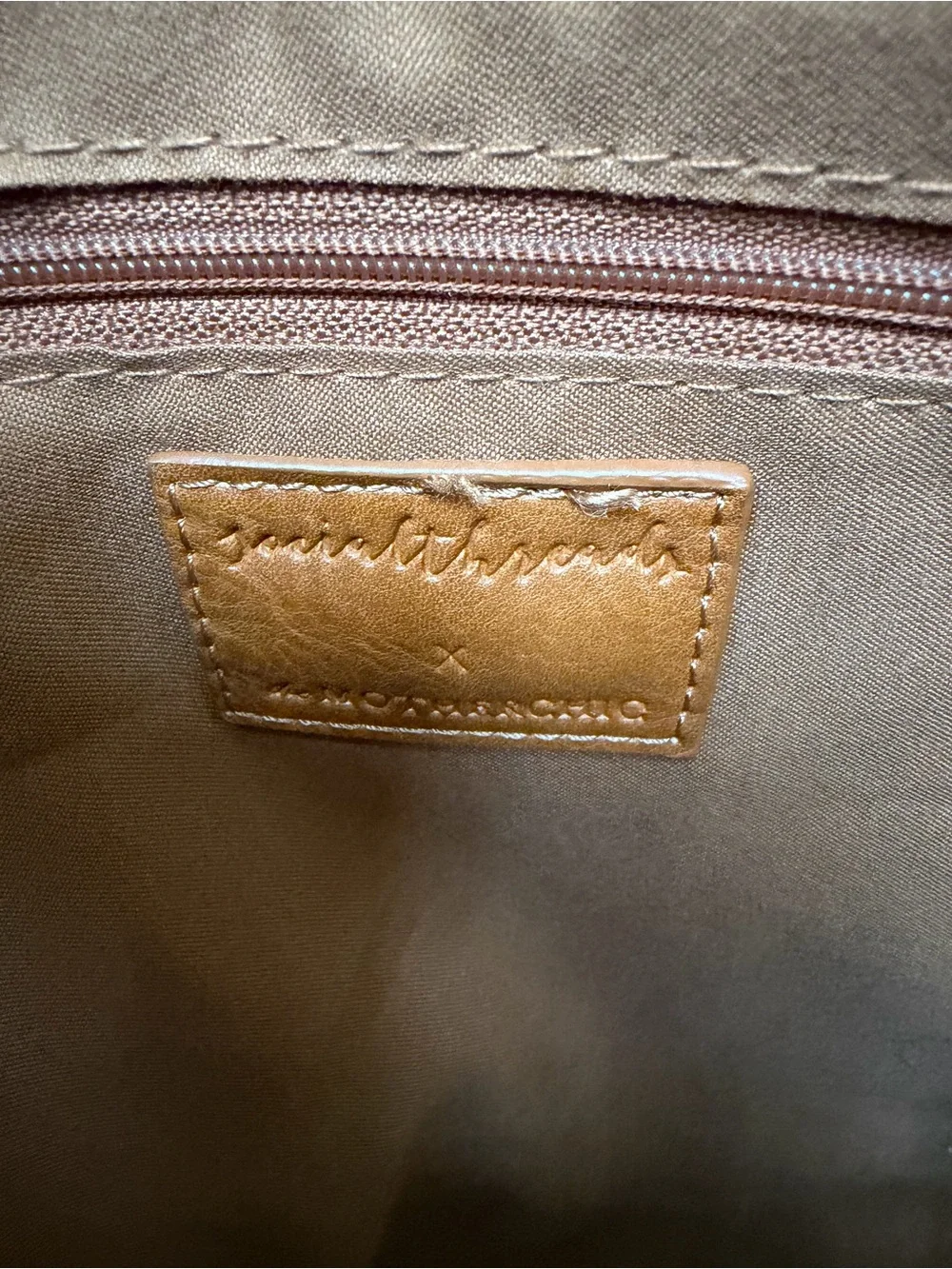 Socialthreads Tan Leather Tote Bag with Black & White Stripe Shoulder Strap